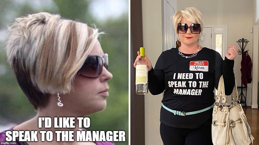 Classic Karen meme image next to a woman dressed up in a funny low-effort Halloween costume as Karen