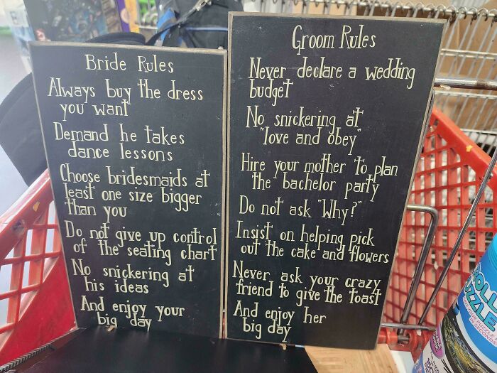 Wedding rules signs in a shopping cart, highlighting humorous bride and groom guidelines.