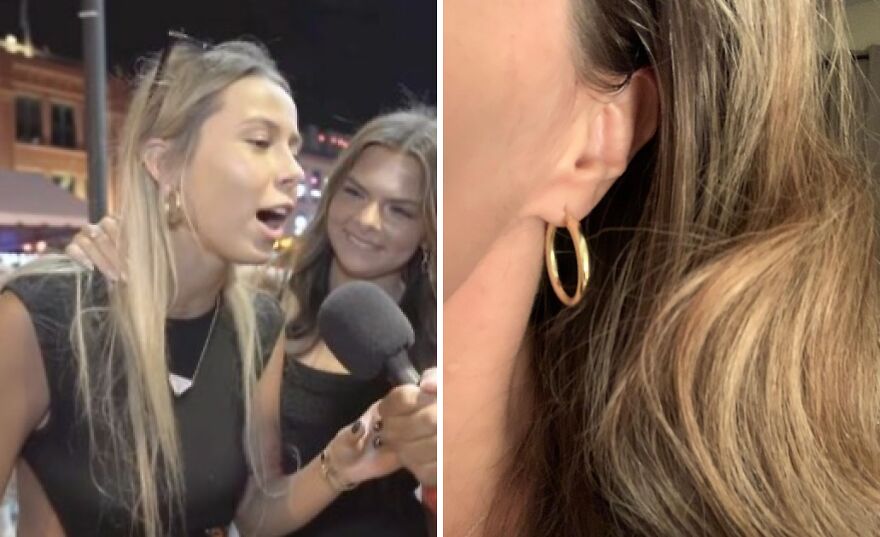A woman wearing simple hoop earrings as part of a low-effort Halloween costume during an interview.