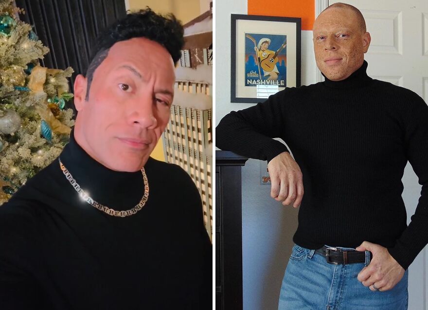 Dwayne The Rock Johnson next to a man recreating his classic turtleneck low-effort Halloween costume