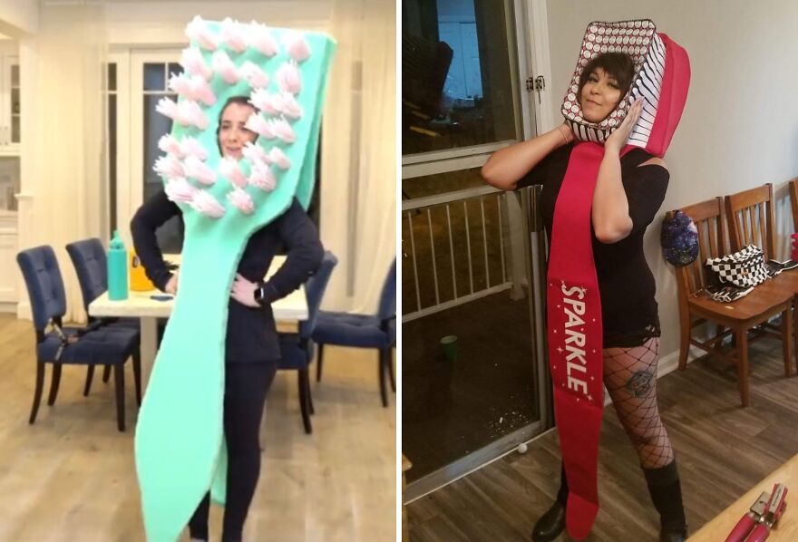 Side-by-side comparison of two women dressed as giant toothbrushes for a low-effort Halloween costume contest.