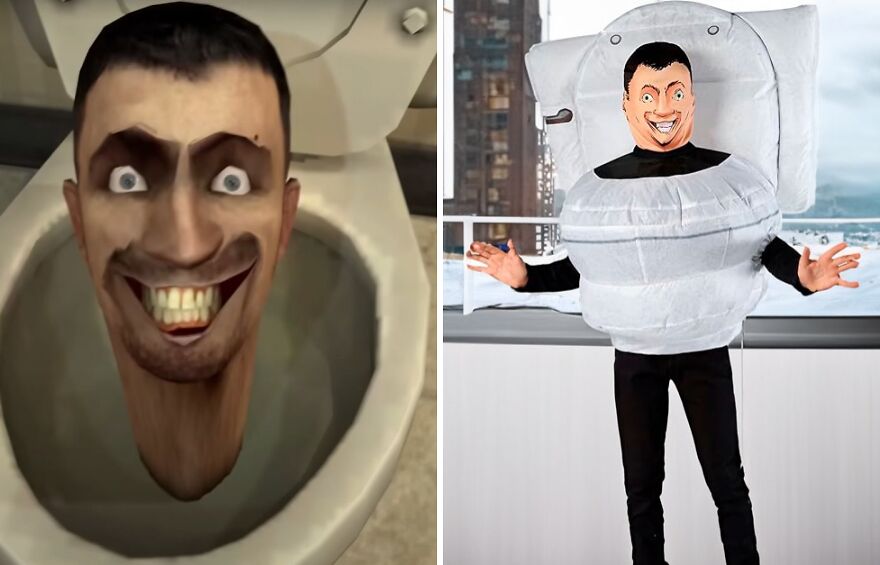 Side-by-side comparison of the Skibidi Toilet character and a low-effort Halloween costume inspired by it.