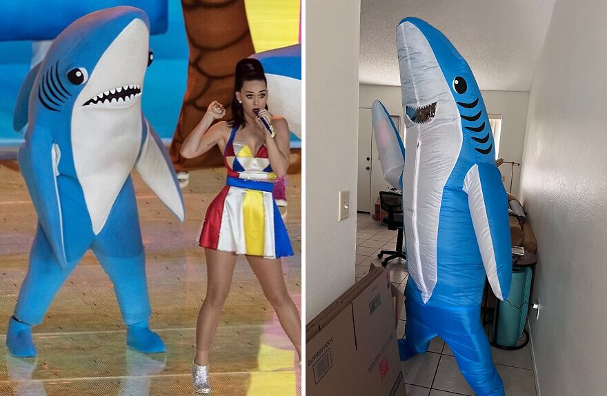 Left Shark from Katy Perry's show next to a person in an inflatable shark low-effort Halloween costume