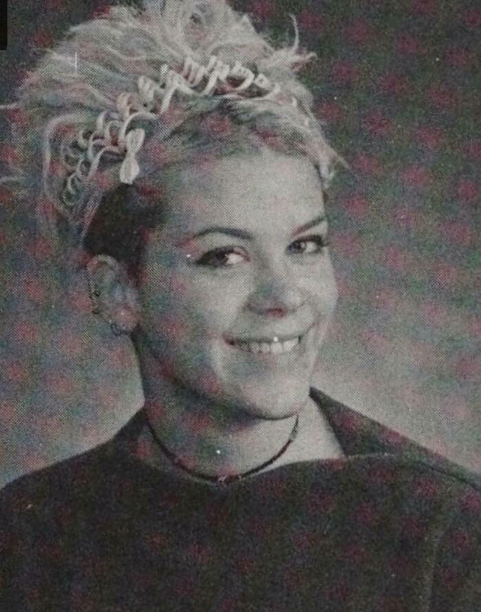 Almost 25 Years Ago... I Used To Wrap My Hair Up With Things. This Is My Last Year Of High School Year Book Photo. 17 Years Old. Phone Cord Head Band. So Stylish! What's A Phone Cord?!