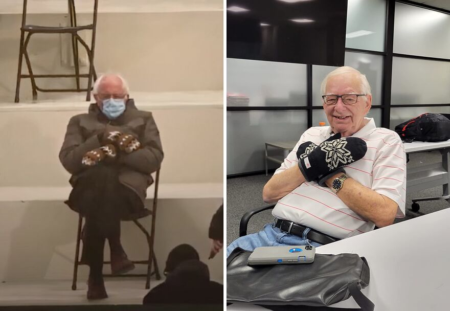Side-by-side comparison of Bernie Sanders at the inauguration and a man recreating his outfit with mittens.