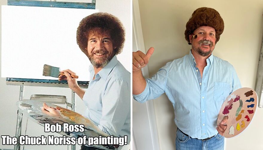 Comparison of artist Bob Ross and a man recreating his look as a low-effort Halloween costume