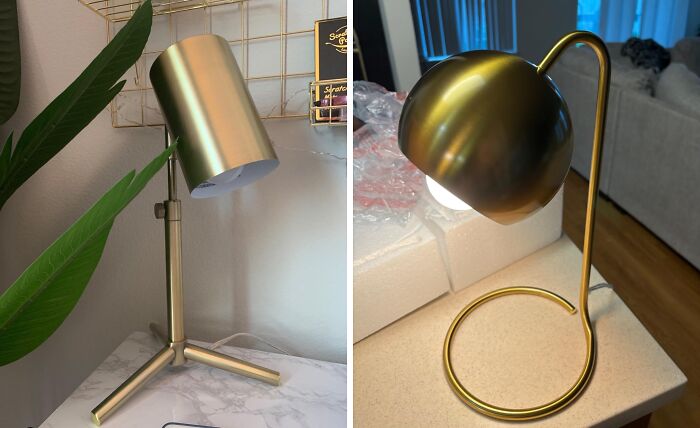 Two stylish gold table lamps with a modern design, showcasing affordable finds that fake the fancy look.