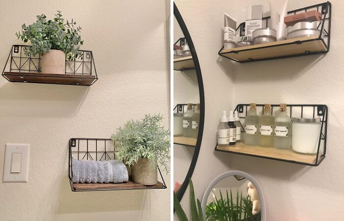 Two images showing affordable stylish wall shelves with plants, towels, and beauty products that fake the fancy look.