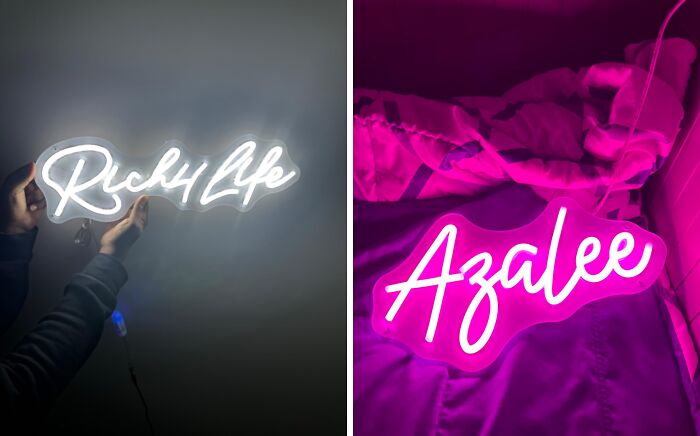 Neon signs with stylish fonts displaying "Rich4Life" in white and "Azalee" in pink, showcasing trendy affordable decor.