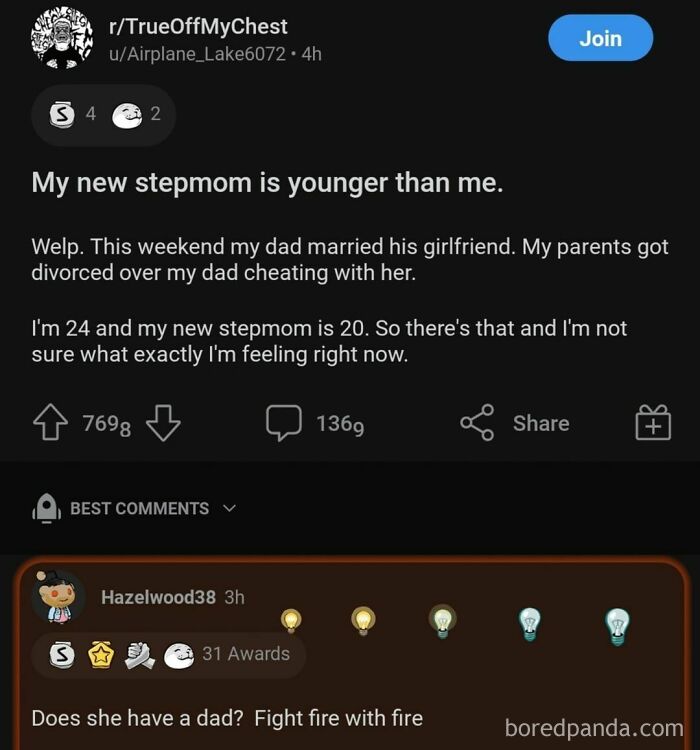 A humorous meme about someone having a younger stepmom, received with entertaining comments and reactions.