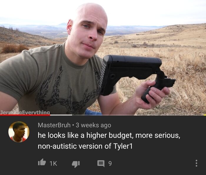 Man outdoors holding an object, with comment underneath giving a rare compliment about looking like a popular figure.