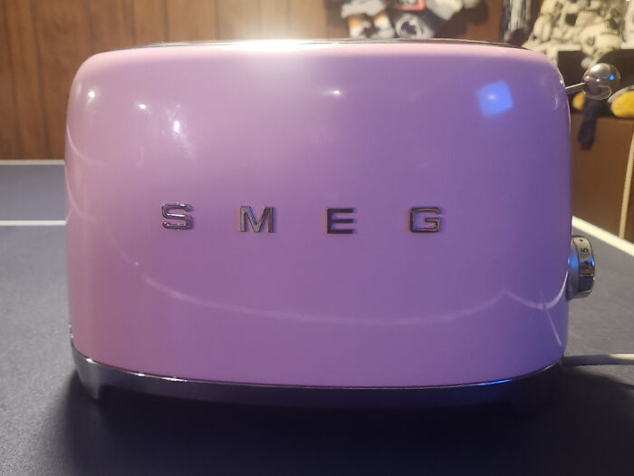 Purple SMEG toaster discovered while thrifting for vintage kitchen appliances.