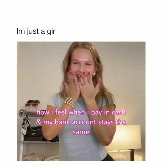 A woman laughing and covering her mouth with hands in a relatable meme about paying in cash and bank account balance.
