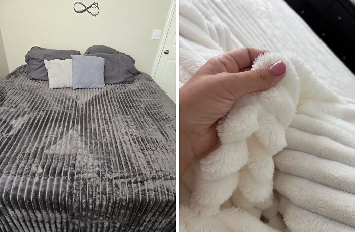 Soft and cozy ribbed blankets on a bed and held in hand, showcasing affordable finds with expensive taste.
