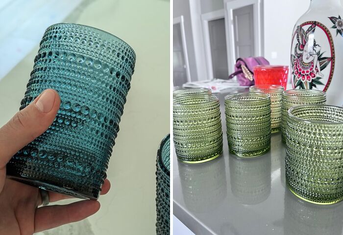 Textured green and blue glass tumblers showcased as affordable finds that fake the fancy look for expensive taste.