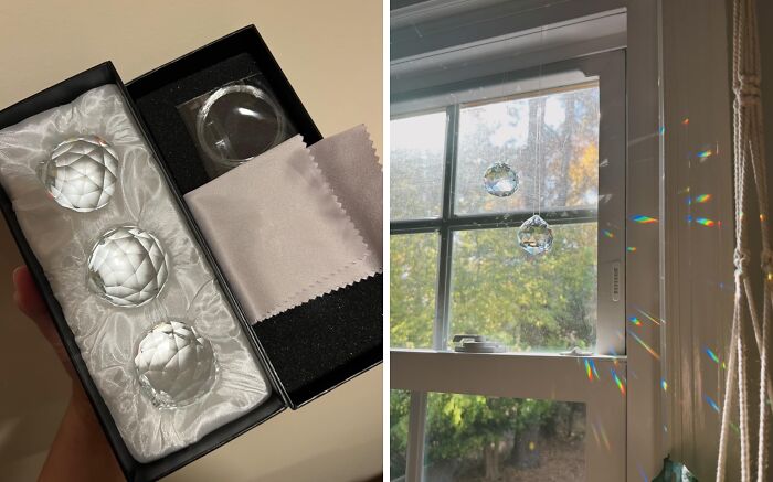 Crystal suncatchers displayed in a box and hanging by a window creating rainbows with an expensive taste, humble budget vibe.