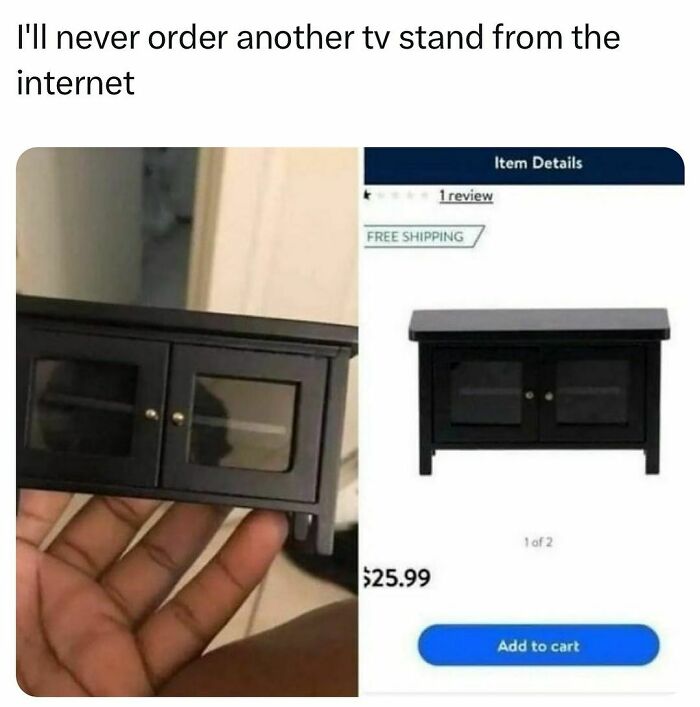 Tiny TV stand meme from College Confessions, highlighting online shopping fail with miniature furniture.
