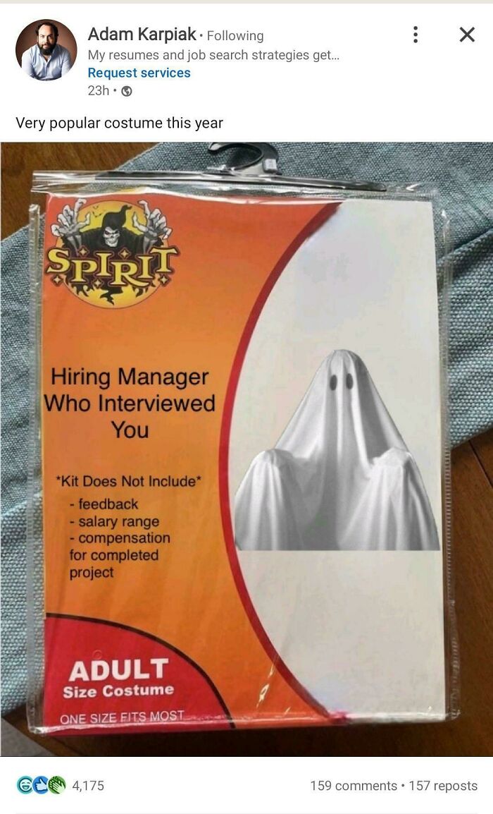 Ghost costume package labeled "Hiring Manager Who Interviewed You," humorously referencing recruiting experiences.