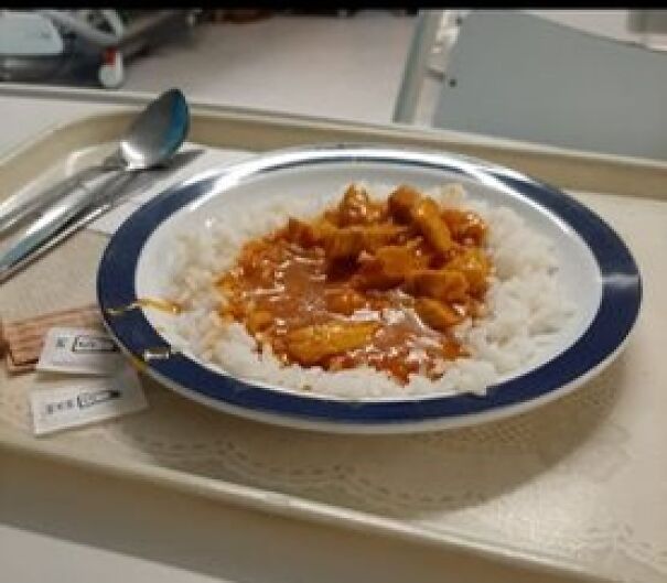 Plate of hospital food with rice and curry on a tray alongside a spoon and packaged crackers in a healthcare setting.