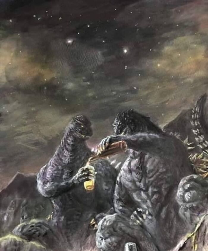 Two monsters enjoying drinks under a starry sky, from "Pics That Go Hard" collection.