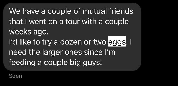 Text message showing a choosy request for large eggs from mutual friends.