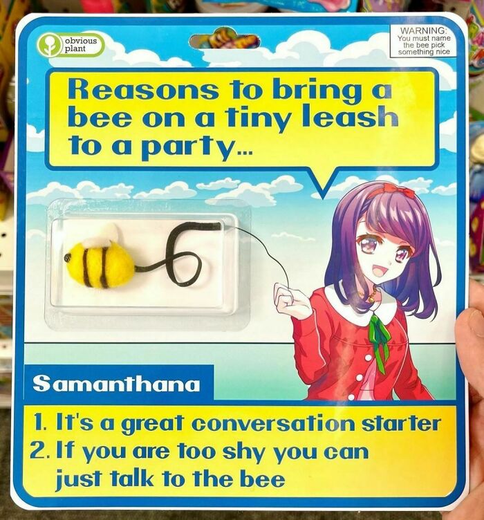 Packaging for a fake product showing a bee on a tiny leash as a funny item from guy sneaking fake products into real stores.