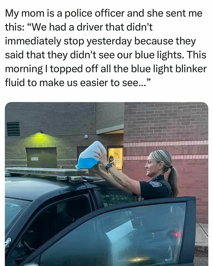 Police officer humorously pouring blue liquid on car roof, part of "College Confessions" memes.