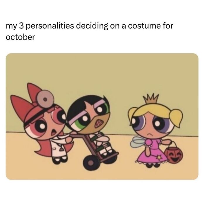 Cartoon characters representing three personalities deciding on a Halloween costume, relatable memes with sarcasm theme.