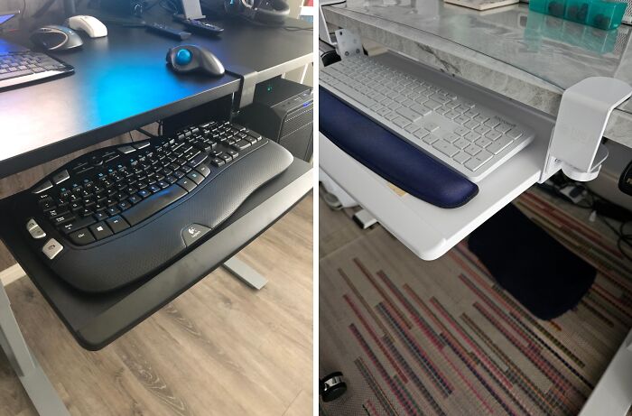 Ergonomic keyboard trays and wrist rests set up on office desks showcasing smart hacks for better workspace comfort.