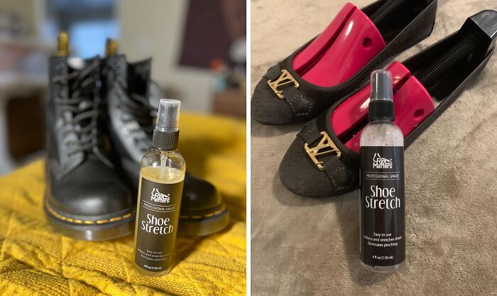 Shoe stretch spray with shoe stretchers shown with boots and flats, demonstrating genius gadgets for daily shoe comfort.
