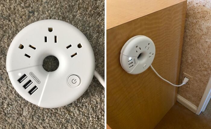 Round smart power strip with USB ports and outlets mounted on wood, a genius gadget solving daily charging problems