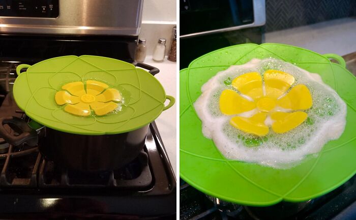 Green silicone lid with yellow flower design on pot, a genius gadget solving daily kitchen steam and boil-over problems.
