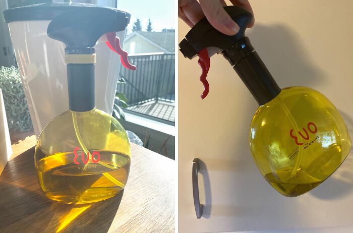 Spray bottle kitchen tool filled with olive oil, demonstrating innovative kitchen logic for easy cooking and food preparation.