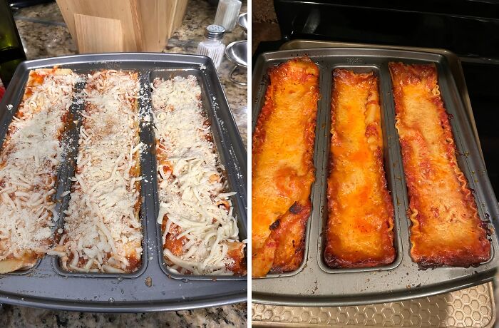 Lasagna cooking in a unique kitchen tool designed for easy portioning and baking in separate compartments.