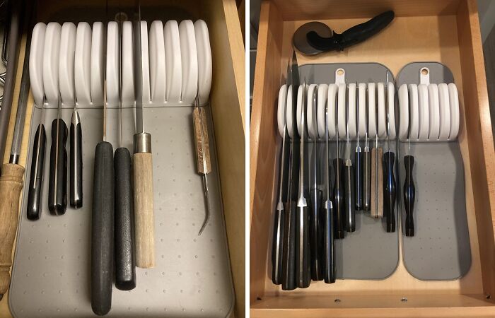 Drawer organizer with a white knife holder and various knives neatly arranged, showcasing genius gadgets for daily kitchen use.
