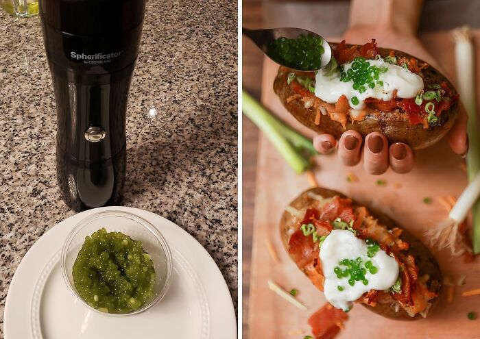 Kitchen logic tool creating green flavorful spheres used as garnish on loaded baked potatoes with sour cream and bacon.