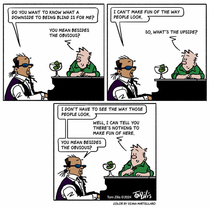 Comic strip by artist capturing quirky side of life, featuring humorous conversation between two men at a bar.