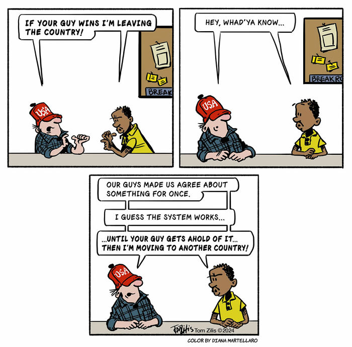 Comic strip showing two men humorously discussing politics, capturing the quirky side of life in funny comics by the artist.