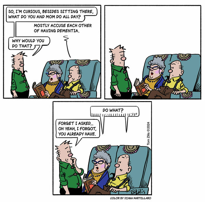 Comic strip showing quirky family humor about dementia, highlighting the artist's funny comics capturing life's humorous side.