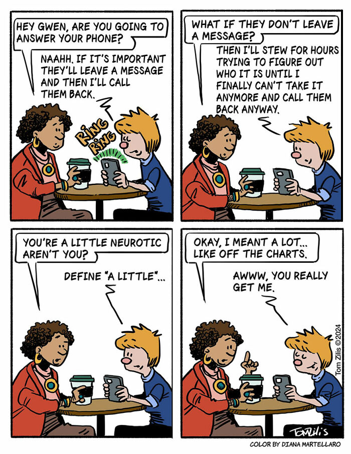 Two characters share coffee and conversation in a funny comic capturing the quirky side of life by the artist.