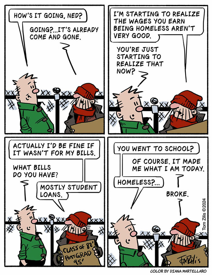Comic strip depicting quirky life struggles with humor, focusing on student loans and homelessness in a funny comic style.