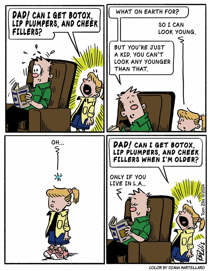 Comic strip showing a quirky family conversation about Botox and fillers in an artist captured funny comics style.