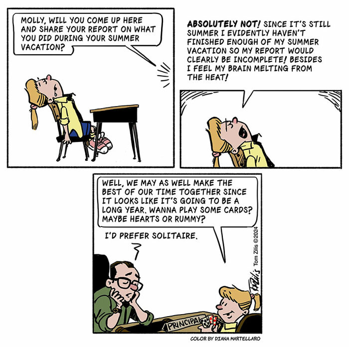 Comic panel showing a quirky school scene with a girl and principal in a funny comic capturing the quirky side of life.