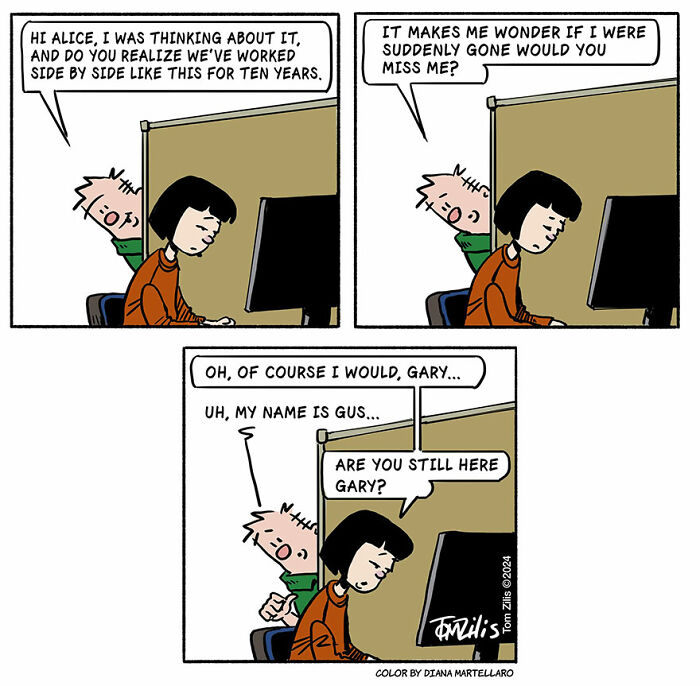 Comic strip showing quirky office humor with two coworkers in cubicles reflecting the artist captured quirky side of life.