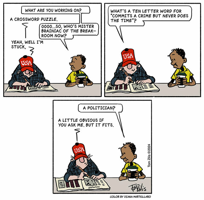 Comic panels showing two men discussing a crossword puzzle in a funny artist captured quirky life comic.