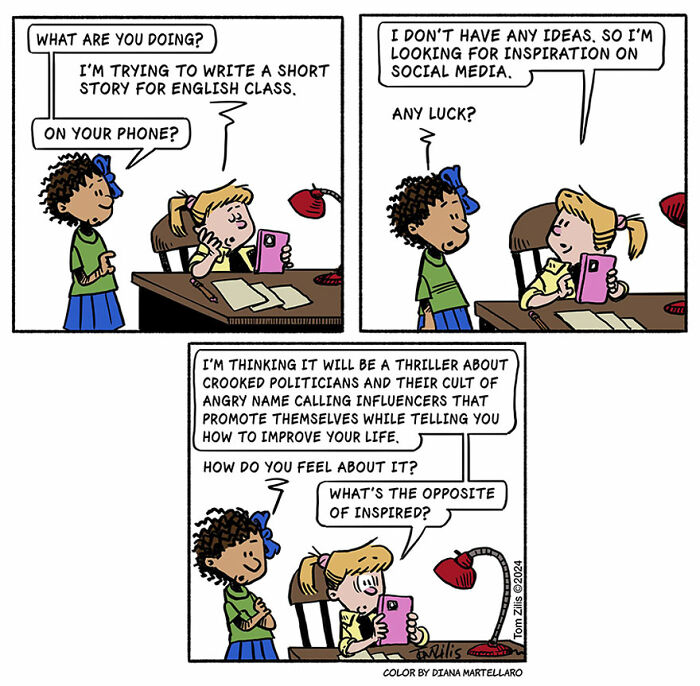 Comic strip showing two children discussing writing a story, highlighting quirky and funny comic art about life’s odd moments.