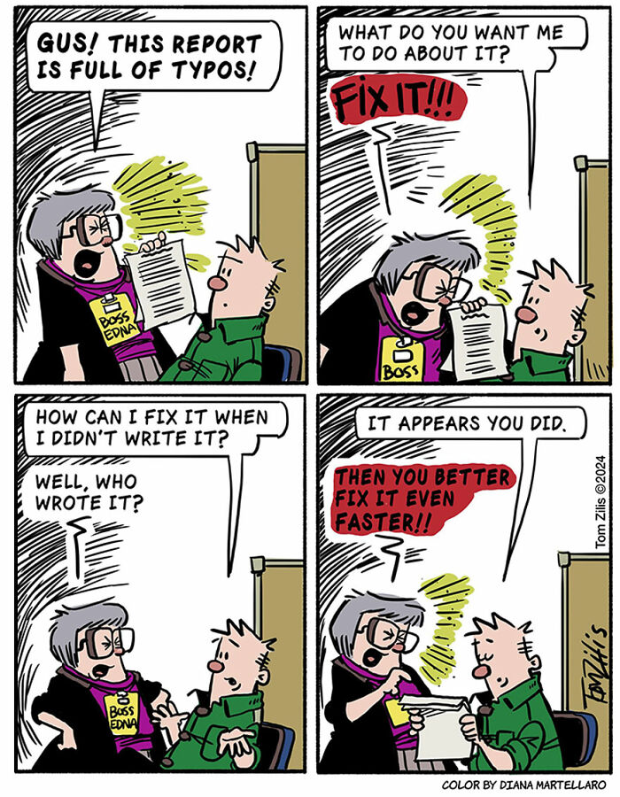 Comic strip showing quirky life humor with a boss and employee arguing over fixing typos in a funny workplace scene.