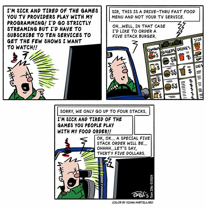 Comic strip showing a frustrated man dealing with confusing food ordering, capturing the quirky side of life in funny comics.