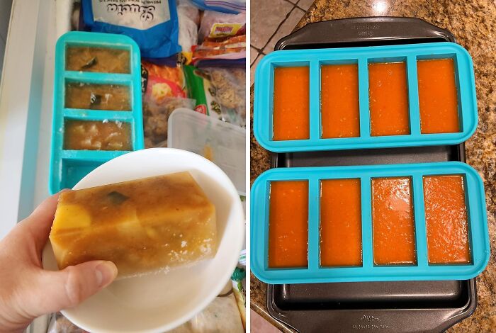 Blue silicone kitchen tools used for freezing and storing homemade sauces in a freezer and on a countertop.