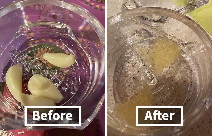Clear kitchen tool crushing garlic cloves before and after use, demonstrating unique kitchen logic tool functionality.